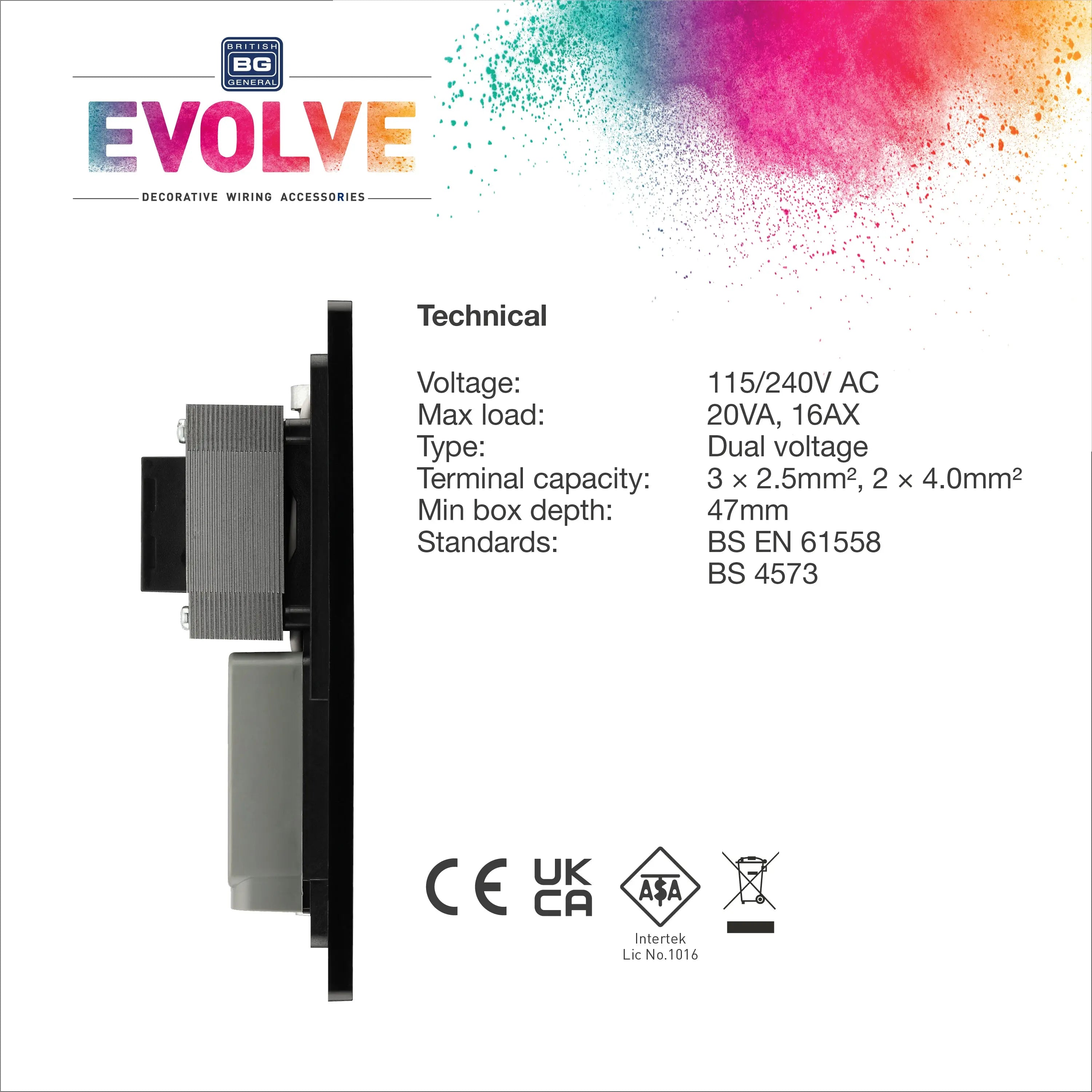 BG Evolve Matt Black Screwless Dual Volt Shaver Socket PCDMB20B BG (British General)