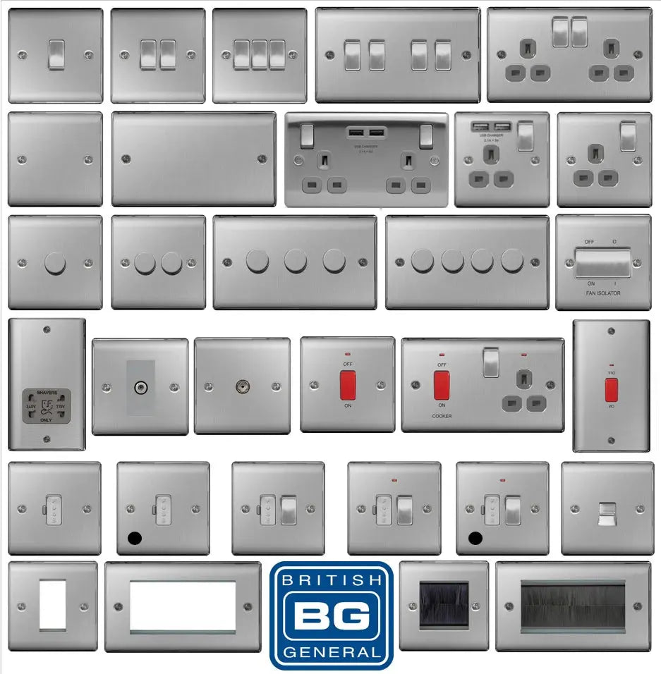 BG Nexus Brushed Steel Switches and Sockets with Grey Inserts – Full Range ACAS Electrical