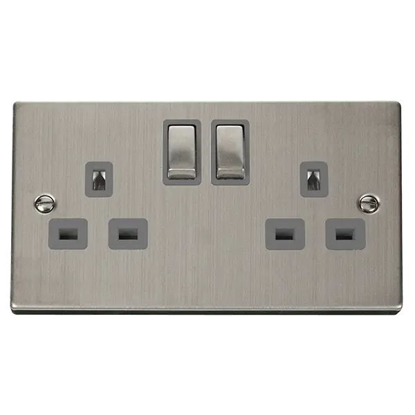 Click Deco Stainless Steel 13A Ingot 2 Gang Double Pole Switched Socket Outlet with Grey Insert – VPSS536GY