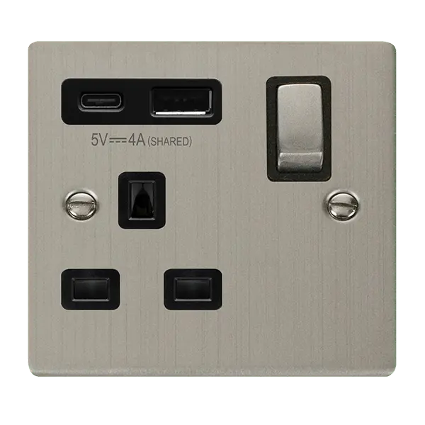 Click Deco Stainless Steel DECO 'INGOT' 13A 1  GANG  SWITCHED SAFETY SHUTTER SOCKET OUTLET WITH TYPE A & C USB (4A) OUTLETS - STAINLESS STEEL - BLACK INSERTS with Black Insert – VPSS585BK