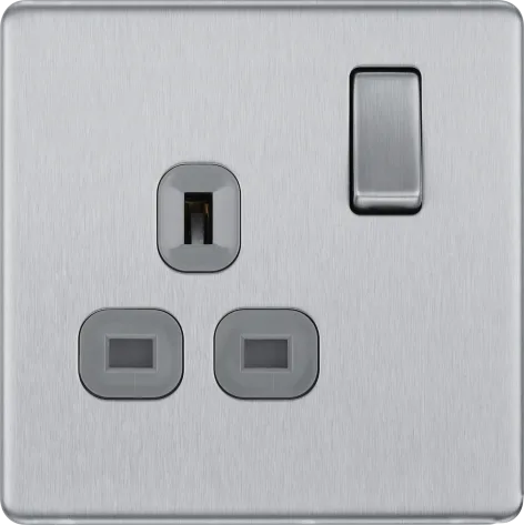 BG Nexus Screwless Flat Plate Brushed Steel Single Socket FBS21G Grey Insert 13Amp