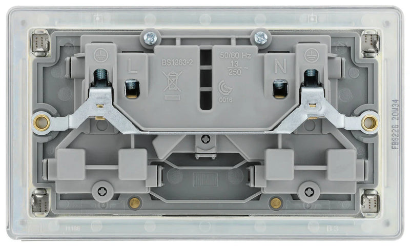 BG Nexus Screwless Flat Plate Brushed Steel Double Socket FBS22G Grey Inserts 13Amp