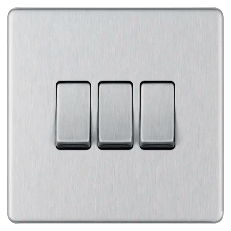 BG Nexus Screwless Flat Plate Brushed Steel Triple Light Switch FBS43 10Amp