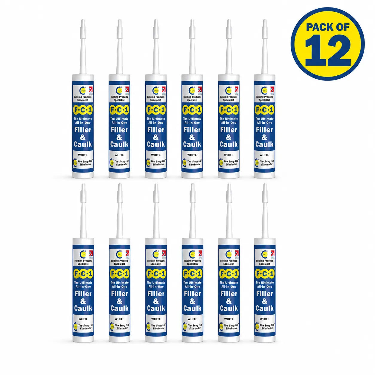 Twelve tubes of FC1 Silicone Based Fillers and Caulks arranged in two rows on a white background, with a yellow and blue 'PACK OF 12' badge in the top right corner.