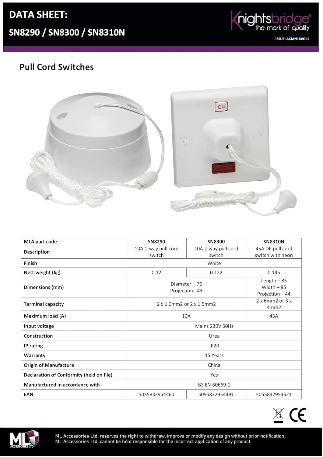 Knightsbridge SN8290 1-Way Pull Cord Switch 10A White