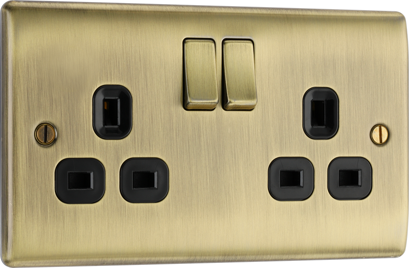 BG Nexus Antique Brass Double Socket 2 Gang Black Inserts 13 Amp - NAB22B