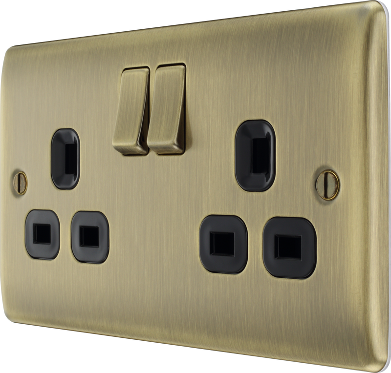 BG Nexus Antique Brass Double Socket 2 Gang Black Inserts 13 Amp - NAB22B