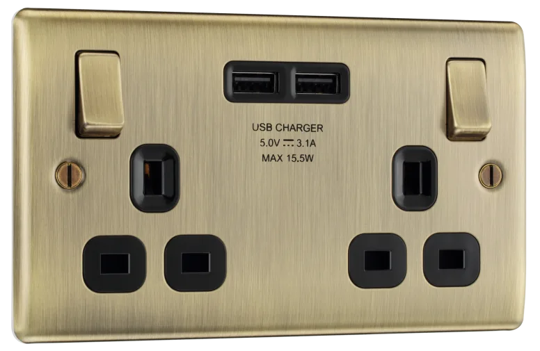 BG Nexus Metal USB Double Socket in Antique Brass with Black Inserts - NAB22U3B-01