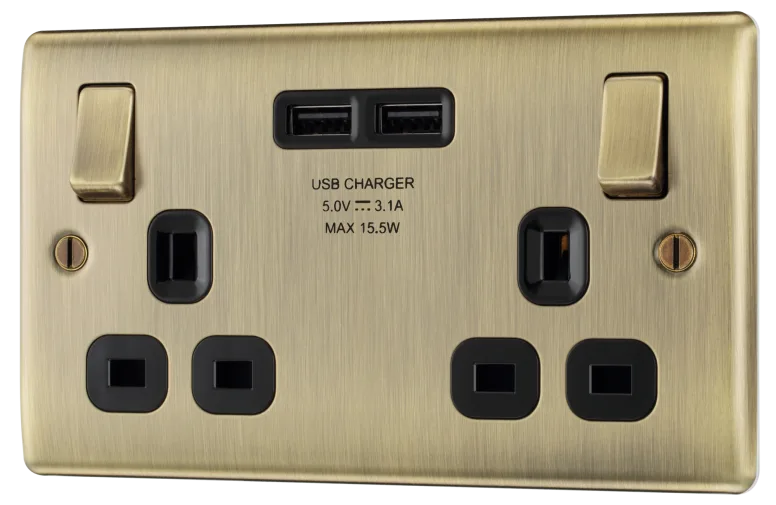 BG Nexus Metal USB Double Socket in Antique Brass with Black Inserts - NAB22U3B-01