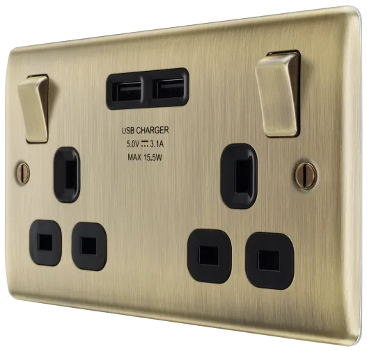 BG Nexus Metal USB Double Socket in Antique Brass with Black Inserts - NAB22U3B-01