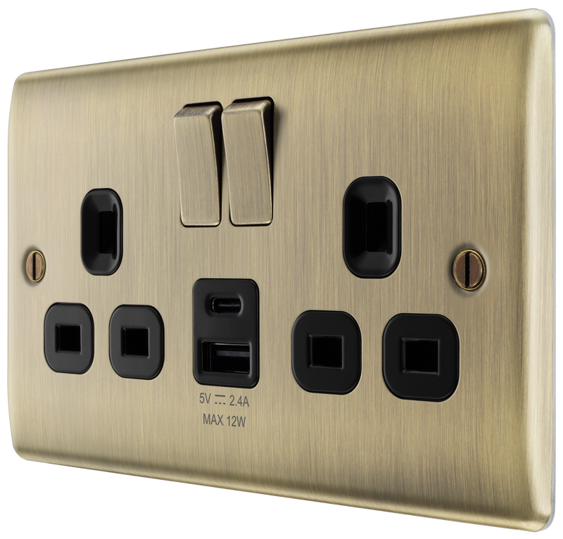 BG Nexus Metal USB USBC 12W Double Socket in Antique Brass with Black Insert NAB22UAC12B