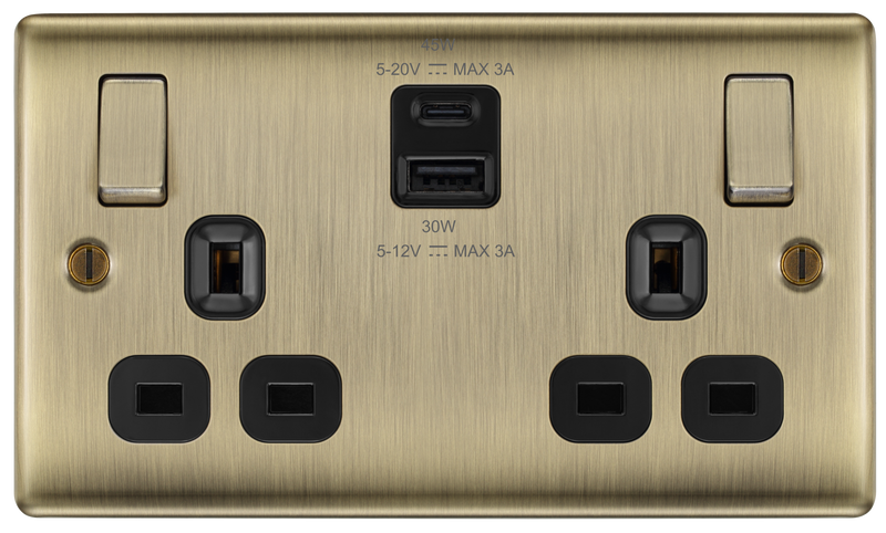 BG Nexus Metal USB USBC 45W Double Socket in Antique Brass with Black Insert NAB22UAC45B