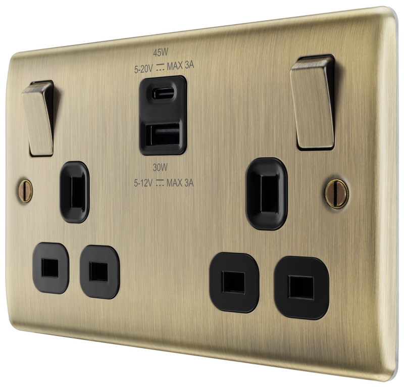 BG Nexus Metal USB USBC 45W Double Socket in Antique Brass with Black Insert NAB22UAC45B