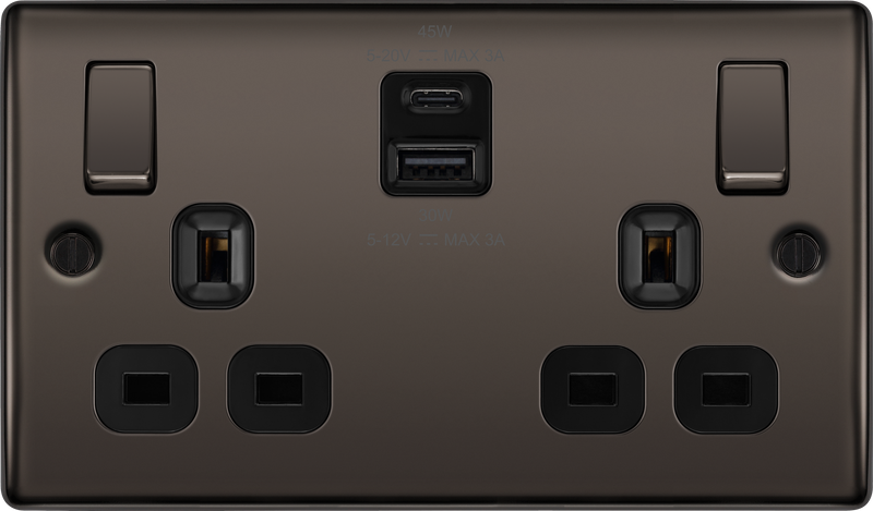 BG Nexus Metal USB USBC 45W Double Socket in Black Nickel NBN22UAC45B