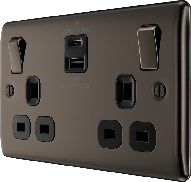 BG Nexus Metal USB USBC 45W Double Socket in Black Nickel NBN22UAC45B
