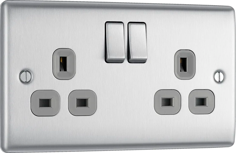 BG Nexus NBS22G Brushed Steel Grey Double Socket 13A Plug With Grey Inserts