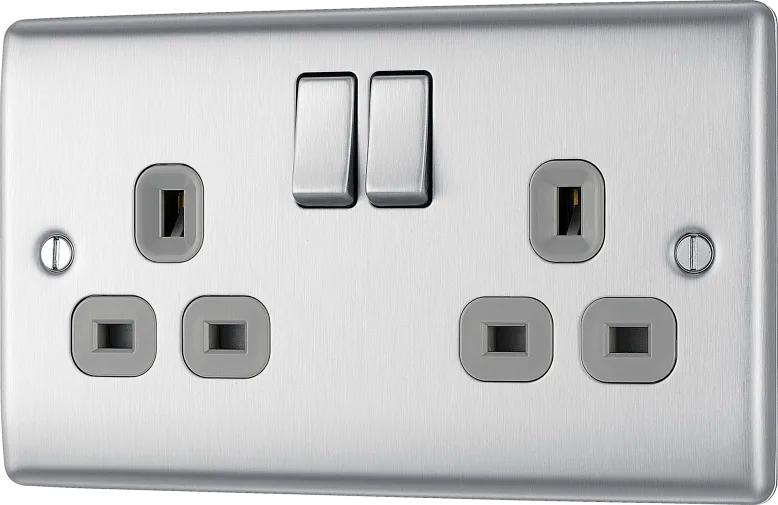 BG Nexus NBS22G Brushed Steel Grey Double Socket 13A Plug With Grey Inserts