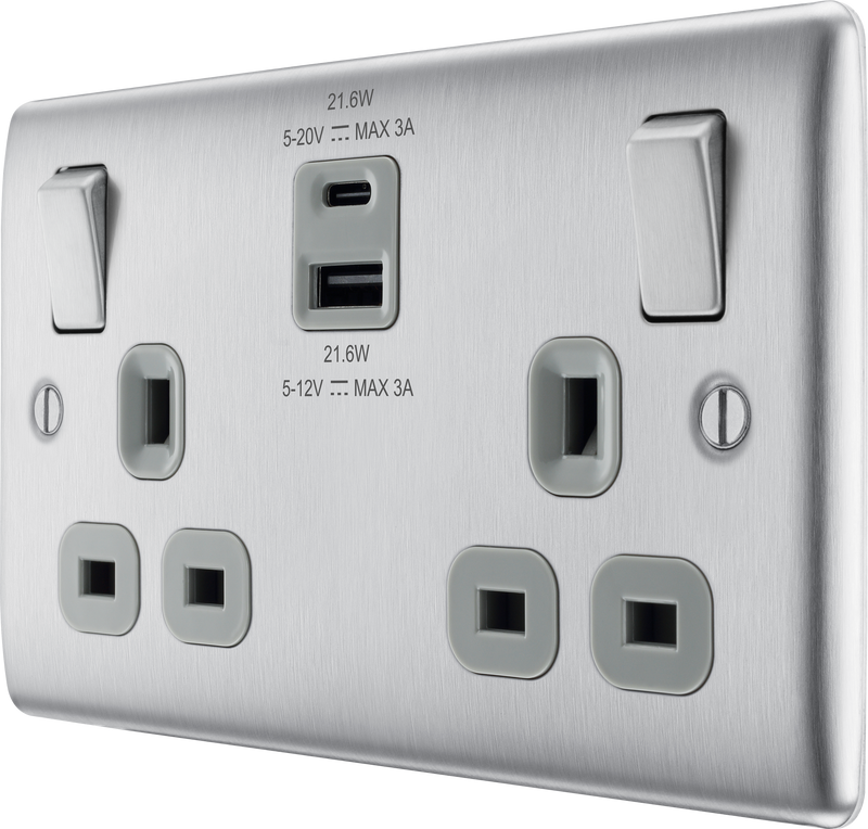 BG Nexus NBS22UAC22G Brushed Steel Double Socket with USB 22W Type A & Type C USB