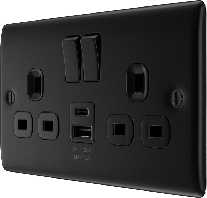 BG Nexus Metal USB USBC 12W Double Socket in Matt Black NFB22UAC12B