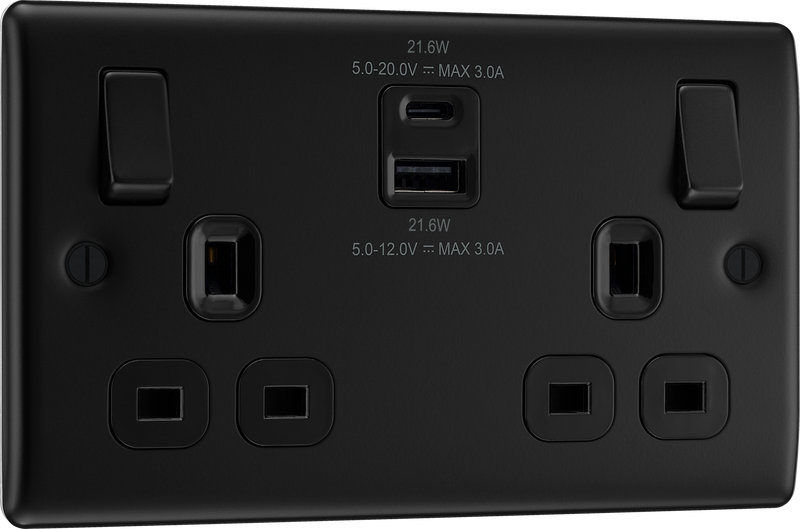 BG Nexus Metal USB USBC 22W Double Socket in Matt Black NFB22UAC22B