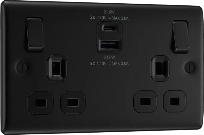 BG Nexus Metal Matt Black 2 Gang USB A + C Switched Socket Black insert - NFB22UAC22B