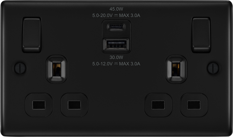 BG Nexus Metal USB USBC 45W Double Socket in Matt Black NFB22UAC45B