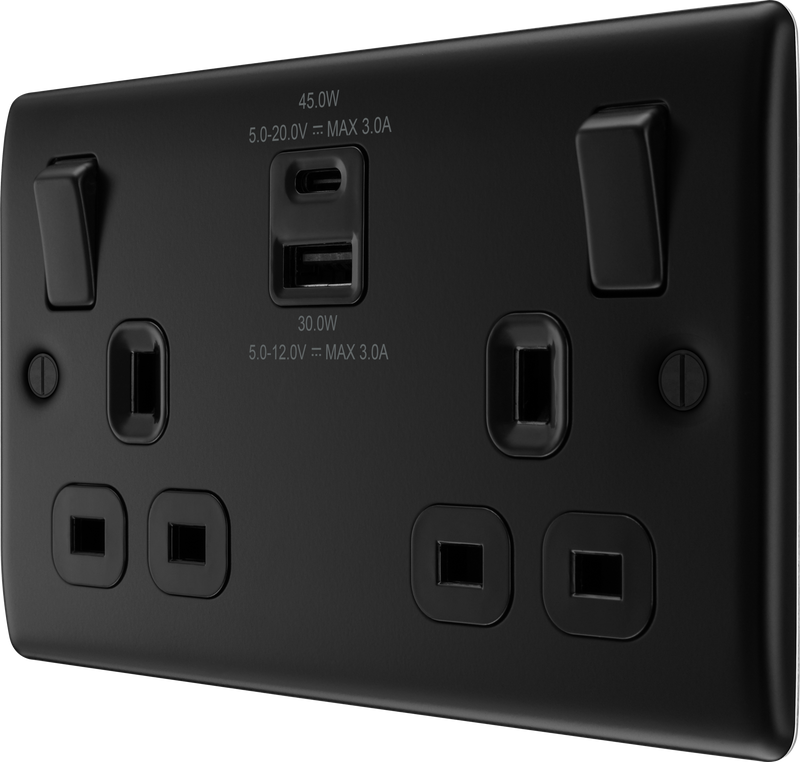 BG Nexus Metal USB USBC 45W Double Socket in Matt Black NFB22UAC45B