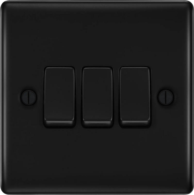 BG Nexus Metal Matt Black 3 Gang 20A 16AX 2 Way Plate Switch -NFB43