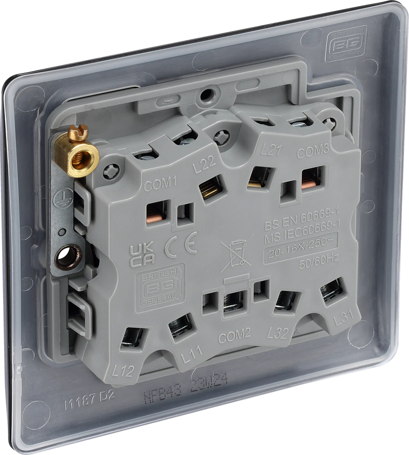 BG Nexus Metal Matt Black 3 Gang 20A 16AX 2 Way Plate Switch -NFB43
