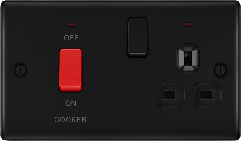 BG Nexus Metal 45 Amp DP Cooker Switch with Socket & Neon in Matt Black with Black Inserts