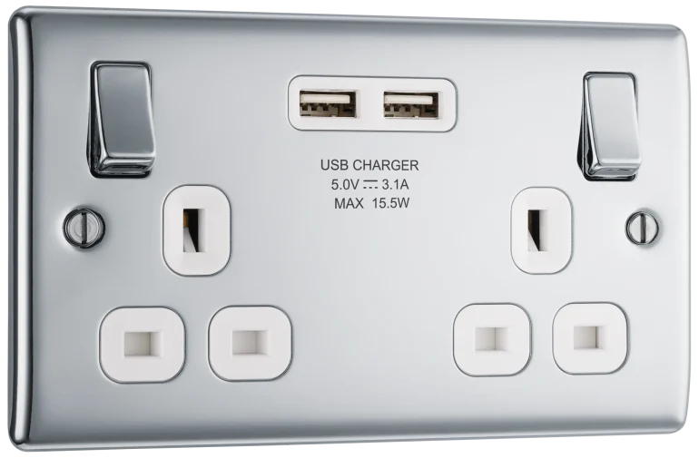 BG Nexus Metal USB Double Switched Fast Charging Power Socket with Two USB Charging Ports 13A in Polished Chrome with White Inserts - NPC22U3W