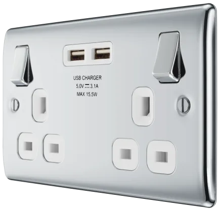 BG Nexus Metal USB Double Switched Fast Charging Power Socket with Two USB Charging Ports 13A in Polished Chrome with White Inserts - NPC22U3W