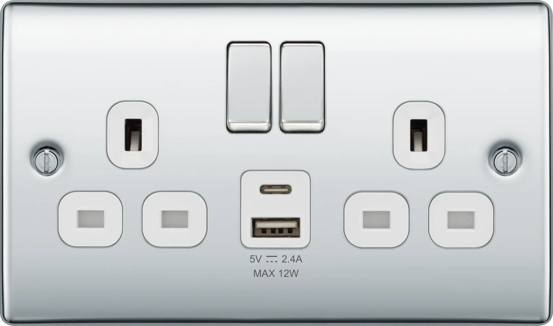 BG Nexus Metal USB USBC 12W Double Socket in Polished Chrome with White Inserts NPC22UAC12W