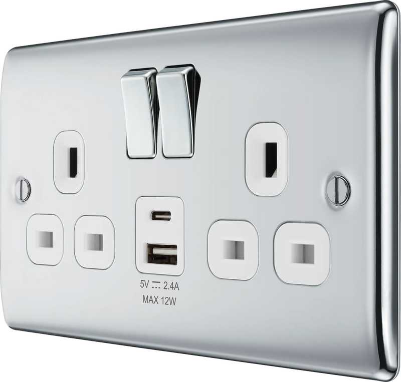 BG Nexus Metal USB USBC 12W Double Socket in Polished Chrome with White Inserts NPC22UAC12W