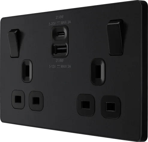BG Evolve Matt Black PCDMB22UAC22B USB Double Socket 22W Type A & C USB