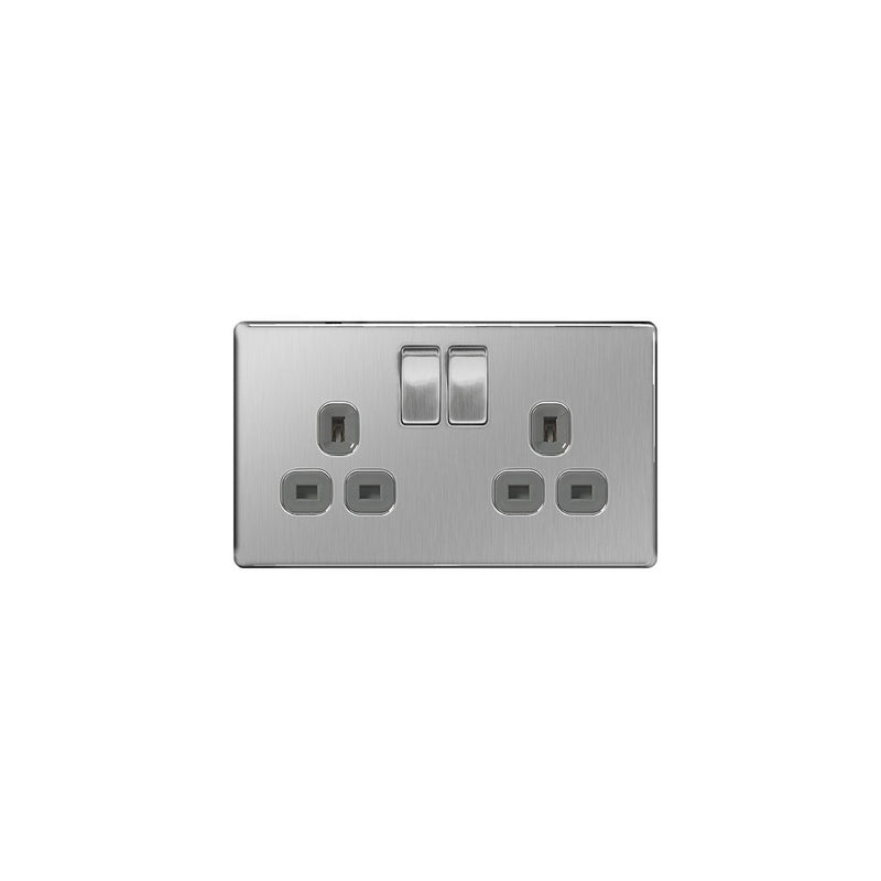 BG Nexus Screwless Flat Plate Brushed Steel Double Socket FBS22G Grey Inserts 13Amp