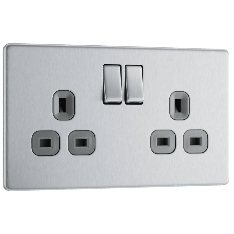 BG Nexus Screwless Flat Plate Brushed Steel Double Socket FBS22G Grey Inserts 13Amp