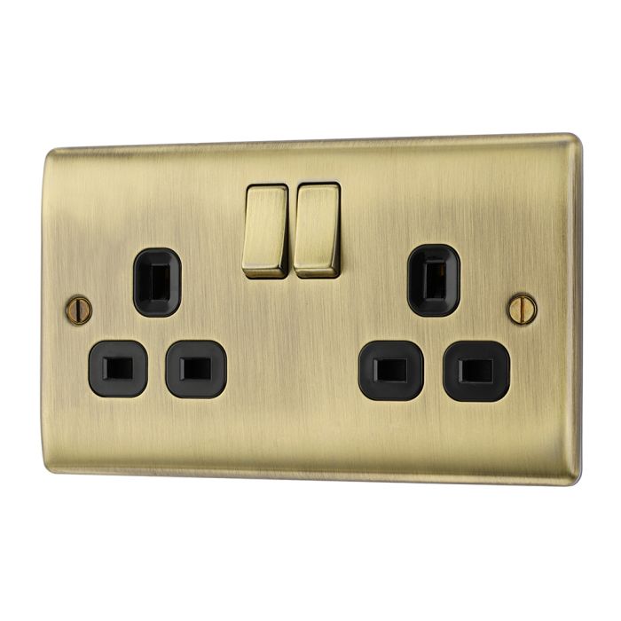 BG Nexus Antique Brass Double Socket 2 Gang Black Inserts 13 Amp - NAB22B