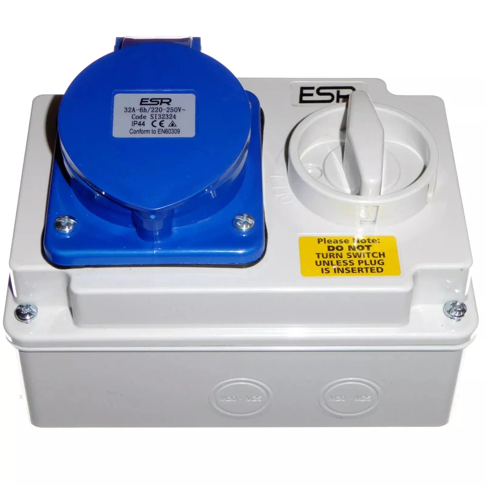 32 Amp 3 Pin Interlock Socket Switch with Industrial Trailing Plug IP44 ESR