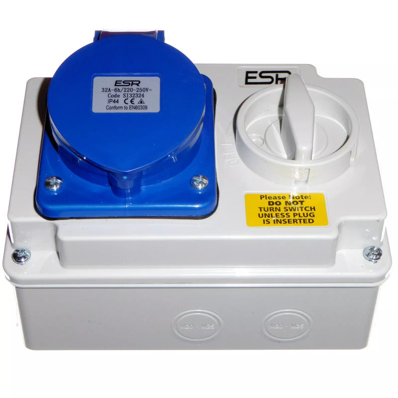 32 Amp 3 Pin Interlock Socket Switch with Industrial Trailing Plug IP44