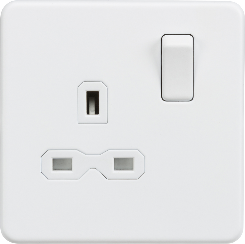 ML Knightsbridge Screwless Single Socket 13A 1 Gang Double Pole Switched Socket - Matt White with White Insert