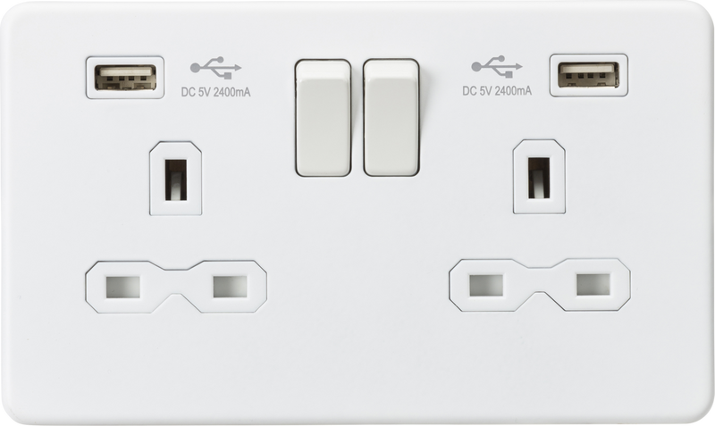 ML Knightsbridge Double Socket with Dual USB Charger Switched 13A 2 Gang A + A (2.4A) Screwless - Matt White
