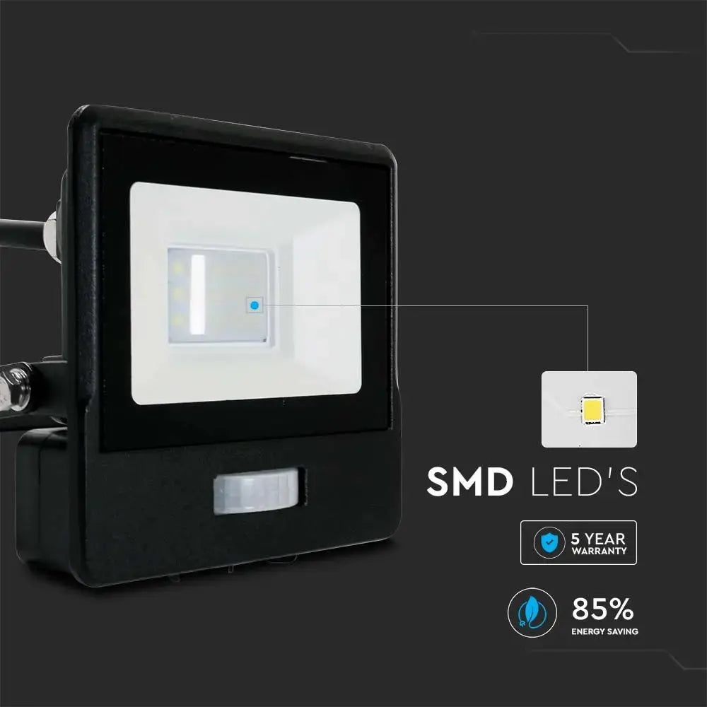 V-Tac 10W Daylight Samsung Chip LED Floodlight PIR 6500K- Black V-TAC