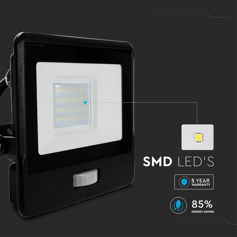 V-Tac 20W LED Floodlight Daylight PIR Samsung Chip 6500K- Black