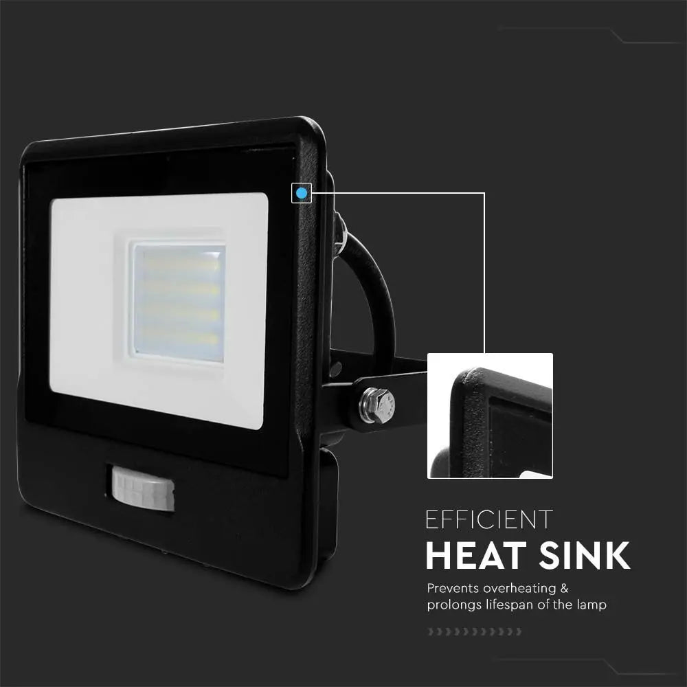 V-Tac 20W LED Floodlight Daylight PIR Samsung Chip 6500K- Black V-TAC