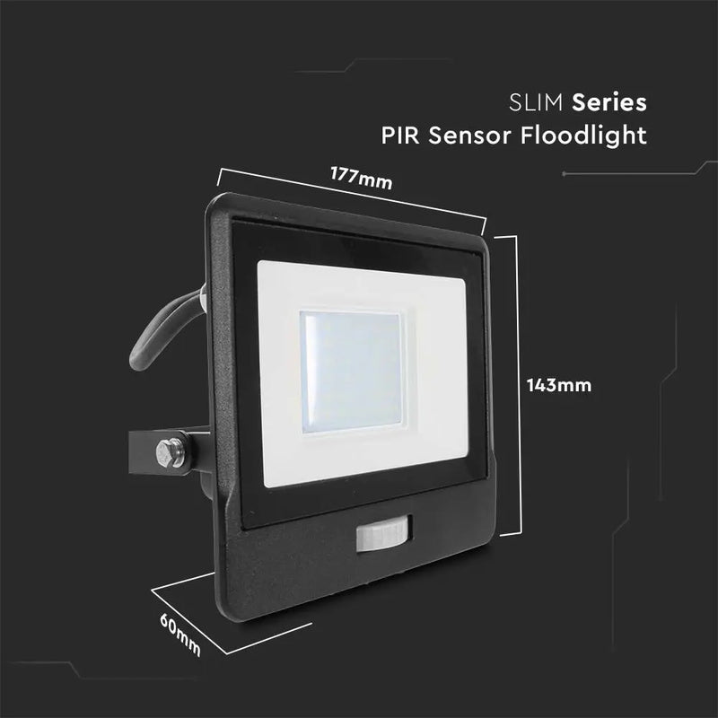 V-Tac 30W LED Floodlight Daylight PIR Samsung Chip 6500K- Black