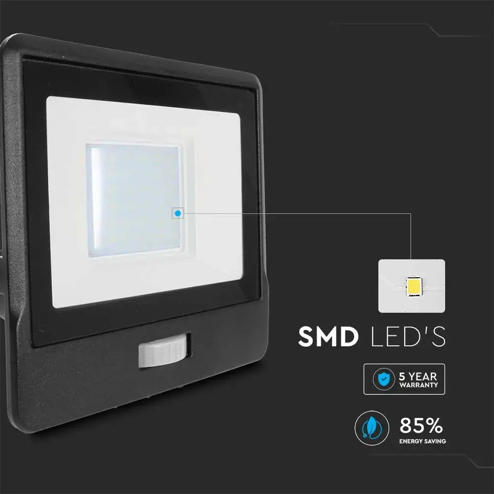 V-Tac 30W LED Floodlight Daylight PIR Samsung Chip 6500K- Black V-TAC