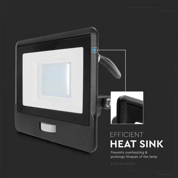 V-Tac 30W LED Floodlight Daylight PIR Samsung Chip 6500K- Black V-TAC