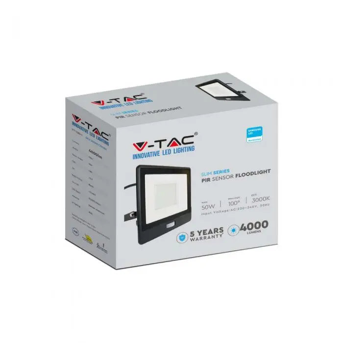 V-Tac 50W LED Floodlight Daylight PIR Samsung Chip 6500K- Black V-TAC