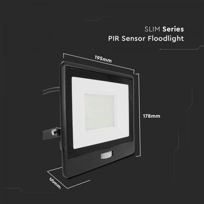 V-Tac 50W LED Floodlight Daylight PIR Samsung Chip 6500K- Black